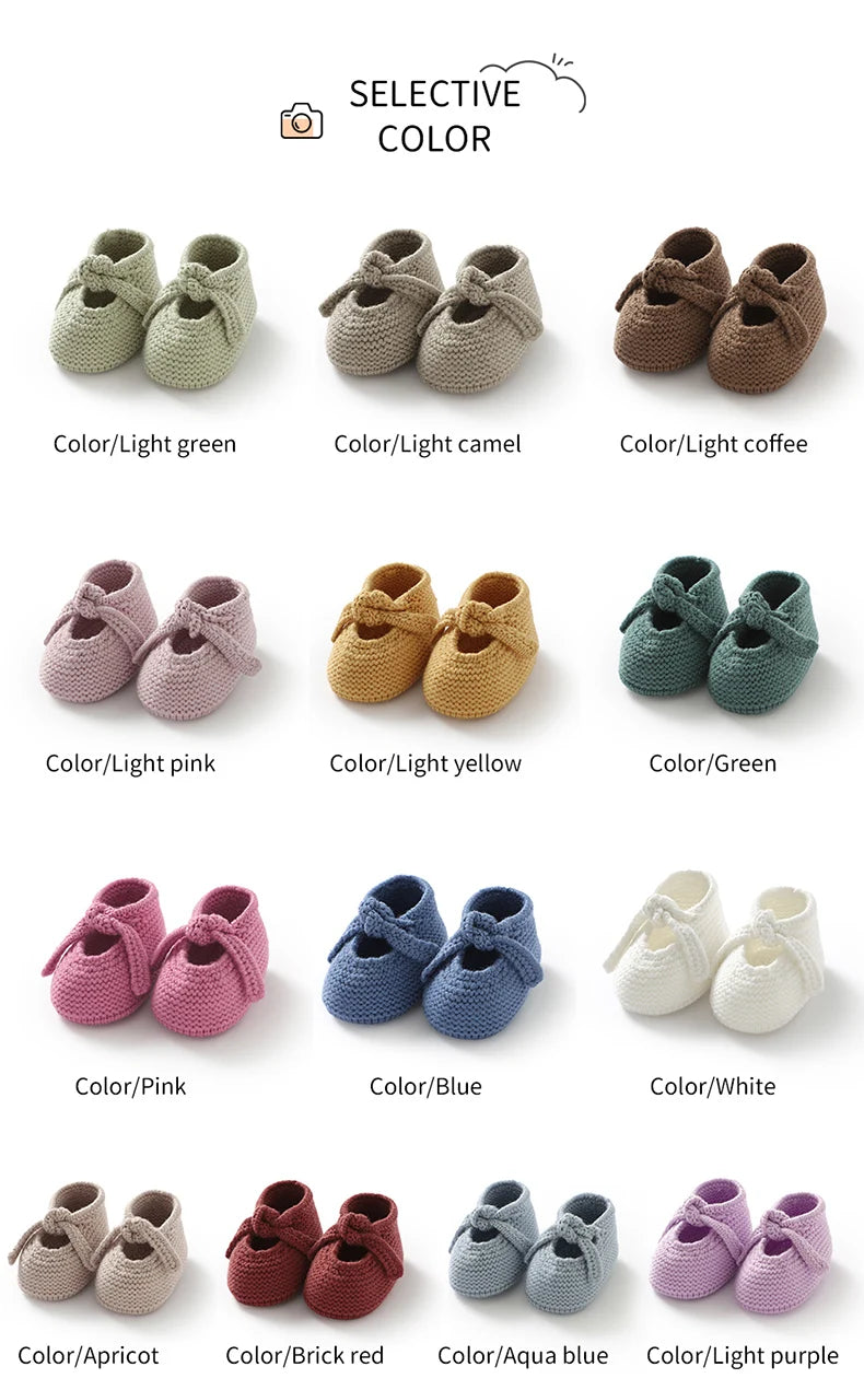 أحذية أطفال محبوكة، أحذية نوم للأولاد والبنات حديثي الولادة، أحذية أنيقة مزينة بفيونكة لطيفة، إكسسوارات ملابس للأطفال الرضع، أحذية أطفال صغار، أحذية قصيرة من 0 إلى 18 شهرًا
