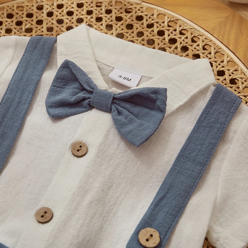Fashion Summer Baby Boy Clothes Toddler Gentleman Outfits Short Sleeves Romper with Bow Tie Overalls Shorts Set for Formal Wear