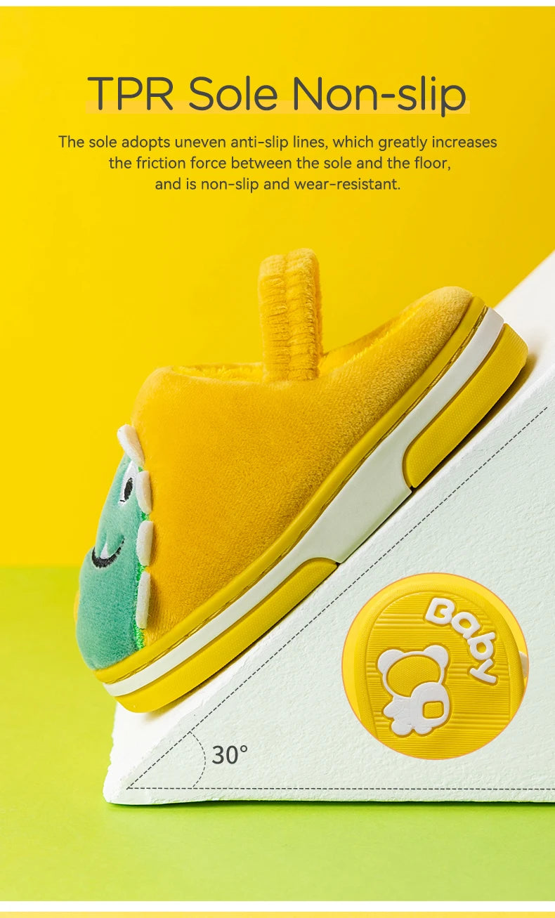 Boys Girls Winter Home Cotton Shoes Cartoon Dinosaur Embroidery Plush Slippers Back Wrap Soft Sole Non-slip Indoor Warm Shoes