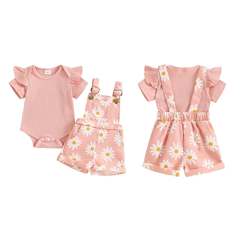 0-18months infant Girls Shorts Set Short Sleeve Romper Flower Print Suspender Shorts Summer Outfit for Baby girls