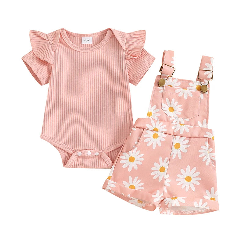 0-18months infant Girls Shorts Set Short Sleeve Romper Flower Print Suspender Shorts Summer Outfit for Baby girls