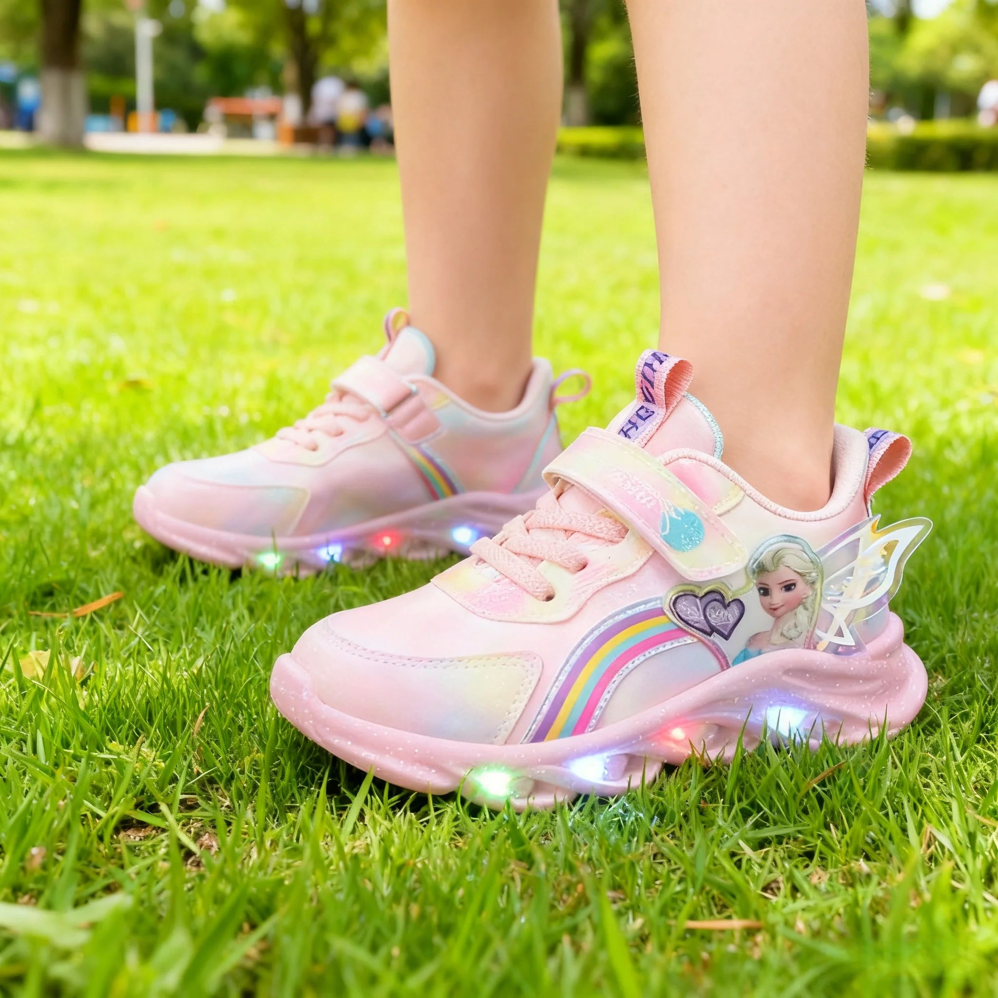 Disney Girls' Casual Shoes Led Lights Mesh Breathable Children's Sports  Princess Elsa Pink Purple Shoes Sneakers Size 22-35