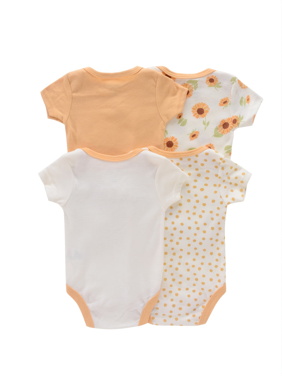 4PCS Newborn Infant Romper Short Sleeve Round Neck Cartoon Animal Flowers Print Bodysuit Onesies For Baby Boys And Girls Clothes