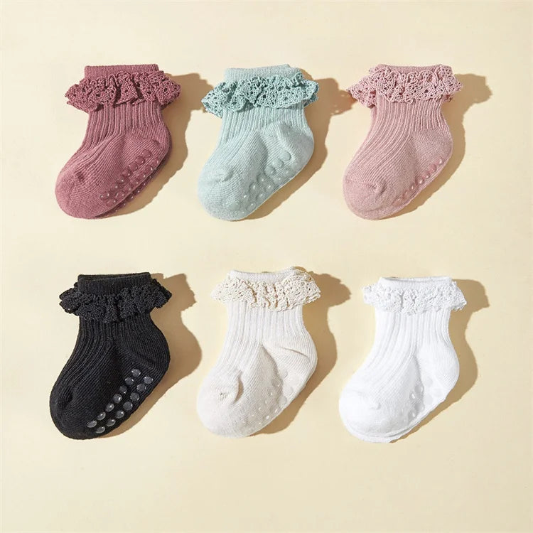 6Pairs/Lot Newborn Baby Floor Socks For Girls Cotton Toddler Sweet Lace Infant Home Toddler Socks Non-slip 0-3Y Spring Autumn