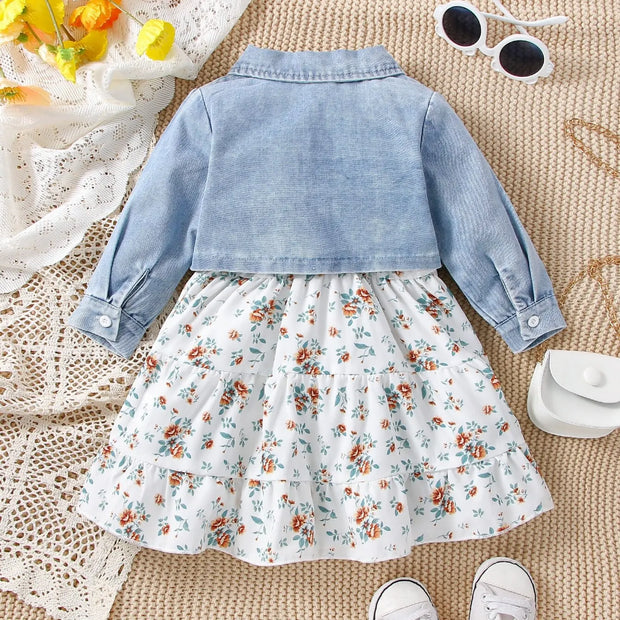 Baby Spring and Autumn Denim Coat Floral + Slip Skirt Two-piece Casual Female Newborn Street Fashion Suit Outdoor Vacation Wear