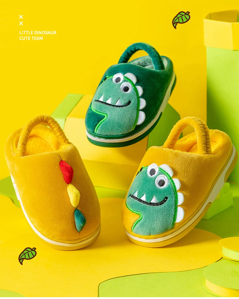 Boys Girls Winter Home Cotton Shoes Cartoon Dinosaur Embroidery Plush Slippers Back Wrap Soft Sole Non-slip Indoor Warm Shoes