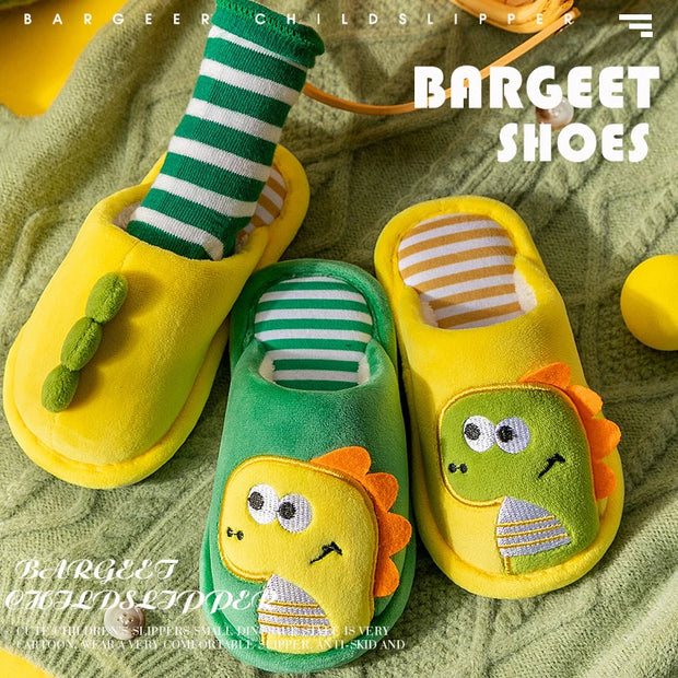 Children Cartoon Dino Fur Slipper Soft Autumn Winter Warm Princess Baby Boys Girl Indoor Home Bedroom Cotton Fleece Fur Shoes