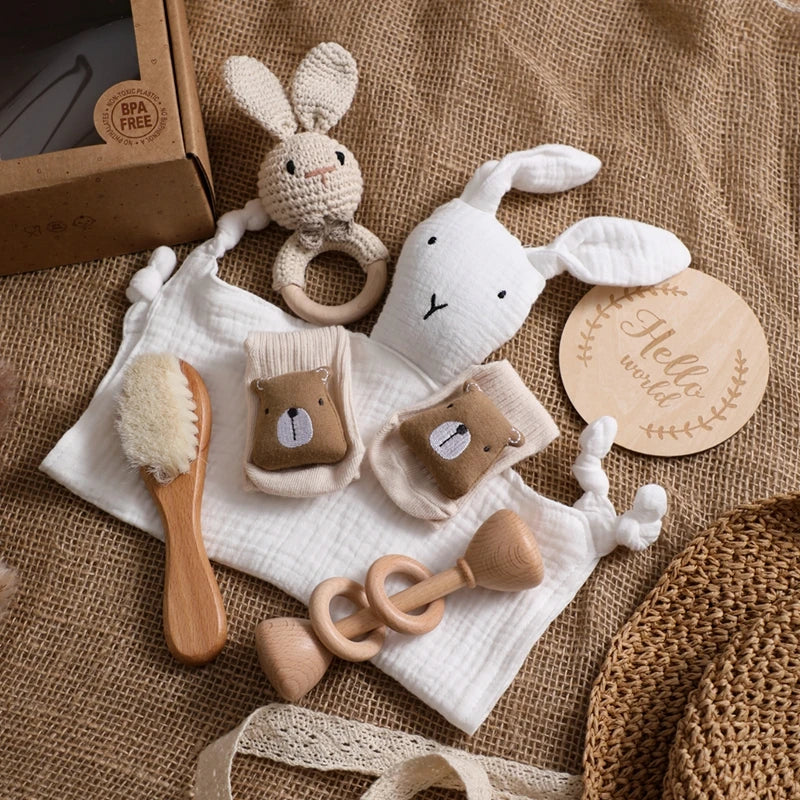 Let's Make Baby Bath Toy Set Double Sided Cotton Blankets Crochet Rattle Wooden Ring Infant Teether Bath Brush For Newborn Gift