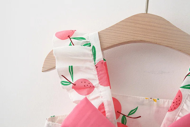 2 PcsSummer New Full of Fruit Print Big Bow Cotton Skirt Girl's Cotton Skirt Free Straw Hat