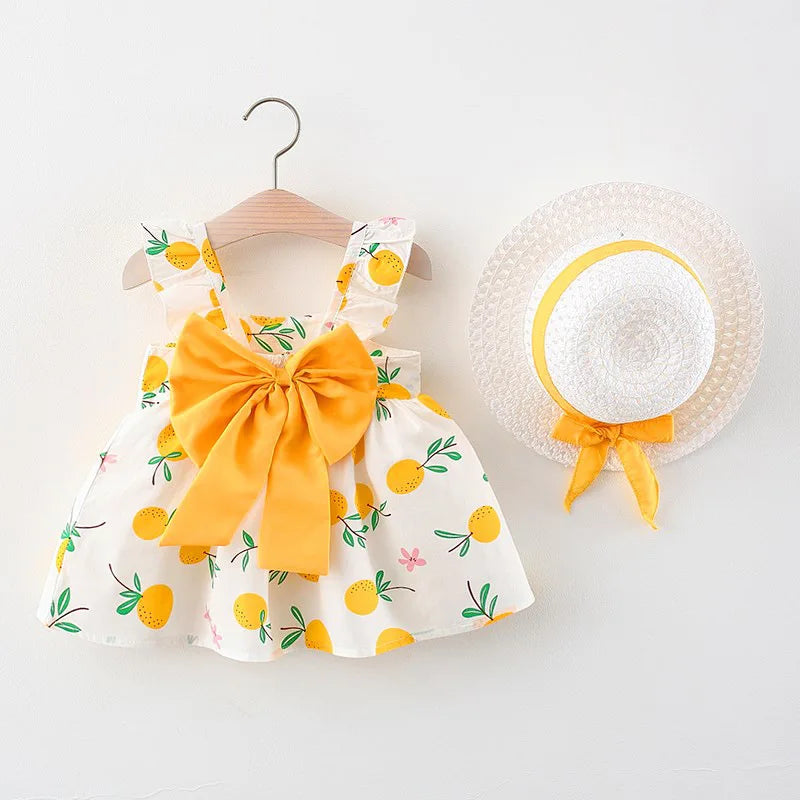 2 PcsSummer New Full of Fruit Print Big Bow Cotton Skirt Girl's Cotton Skirt Free Straw Hat