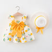 2 PcsSummer New Full of Fruit Print Big Bow Cotton Skirt Girl's Cotton Skirt Free Straw Hat