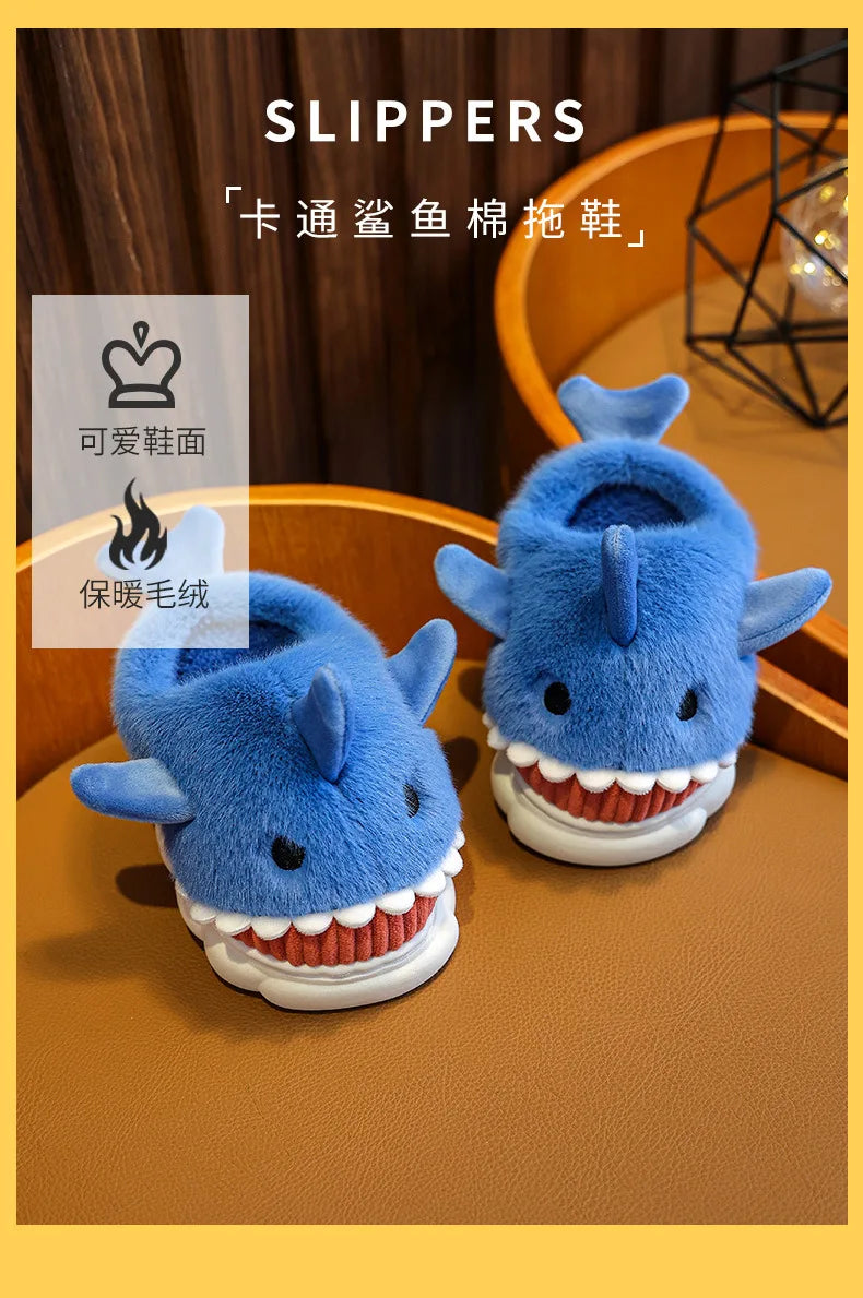 Children Cotton Slippers Baby Boy Shoes Autumn Winter Cute Cartoon Small Shark Child Slipper Home Indoor Anti-slip Platform Shoe