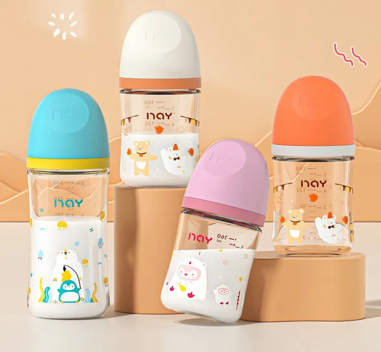 Colorful cartoon baby baby anti choking glass bottle suitable for newborns, 160ml 240ml 0-3 month bottle
