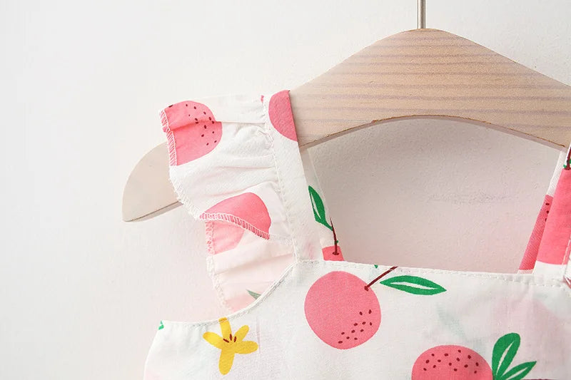 2 PcsSummer New Full of Fruit Print Big Bow Cotton Skirt Girl's Cotton Skirt Free Straw Hat