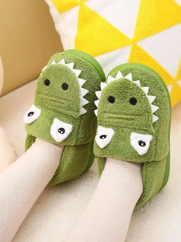 Cute green plush slippers with dinosaur cartoon pattern, suitable for toddlers, boys and girls, indoor home shoes, slip-on desig