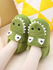Cute green plush slippers with dinosaur cartoon pattern, suitable for toddlers, boys and girls, indoor home shoes, slip-on desig