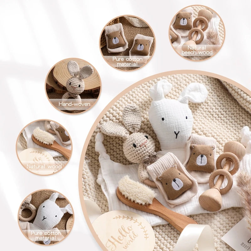 Let's Make Baby Bath Toy Set Double Sided Cotton Blankets Crochet Rattle Wooden Ring Infant Teether Bath Brush For Newborn Gift