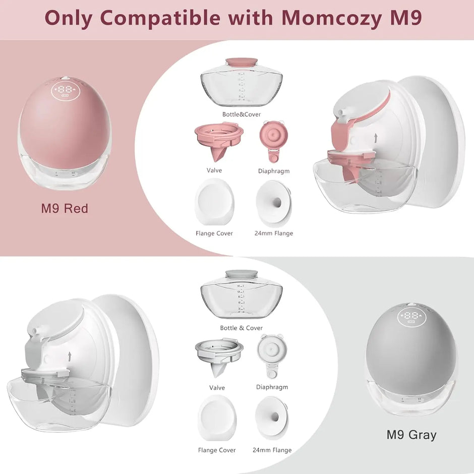 M9 Full Set Breast Replacement Part for Momcozy Upgraded Mobile Flow | Upgraded M9,  24mm Flange, Red Valve, Red Diaphragm