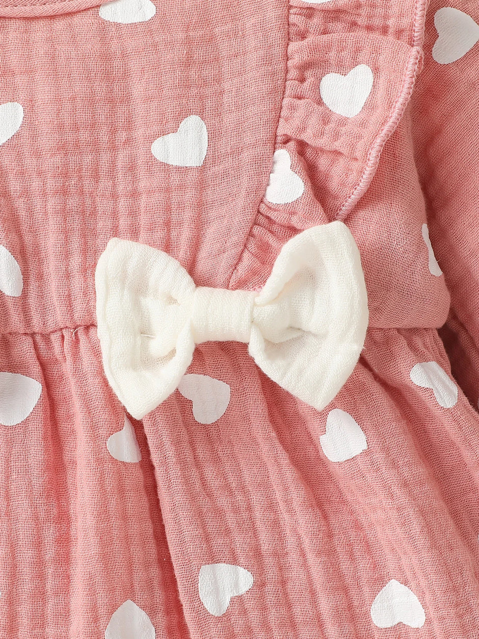 Baby Girls Summer Long Sleeve Printing Love With Bowknot  For Casual Daily Cotton Jumpsuit