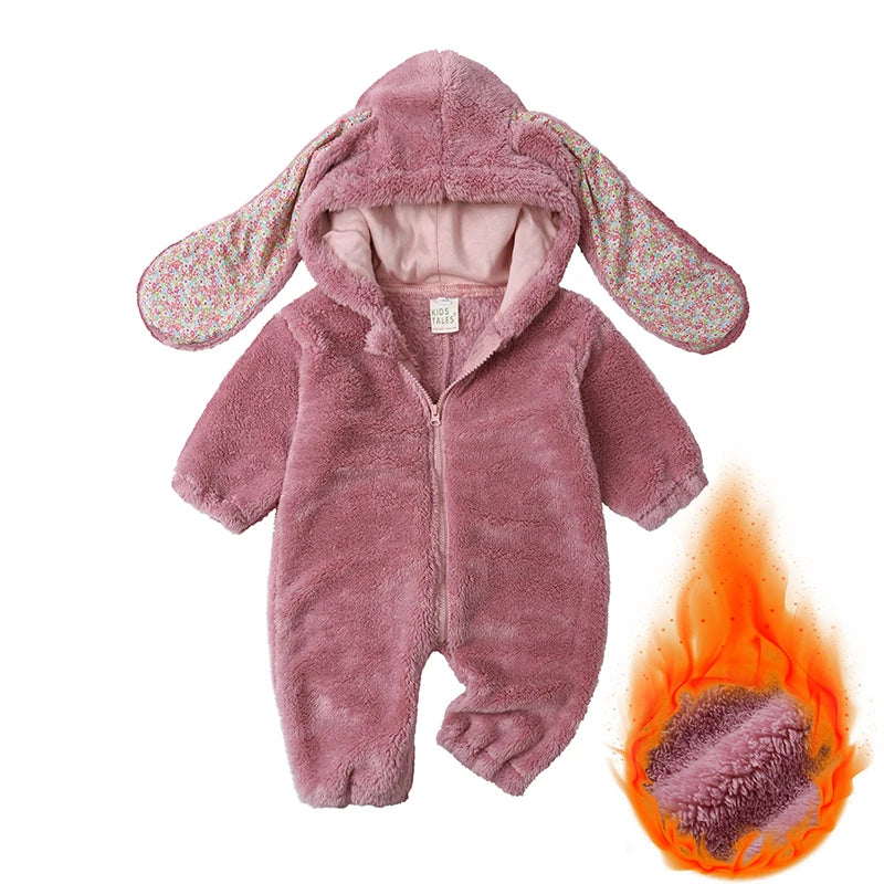 Baby Plush Rompers Winter Toddler Warm Polar Fleece Outfits Newborn Long Sleeve Bunny Ear Hooded Zipper Closure Jumpsuits