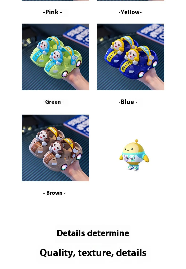 Children's Flashing Light Hole Shoes, Anti Slip Soft Soled Toe Cap Slippers, Cartoon Car Illuminated Slippers for Boys and Girls