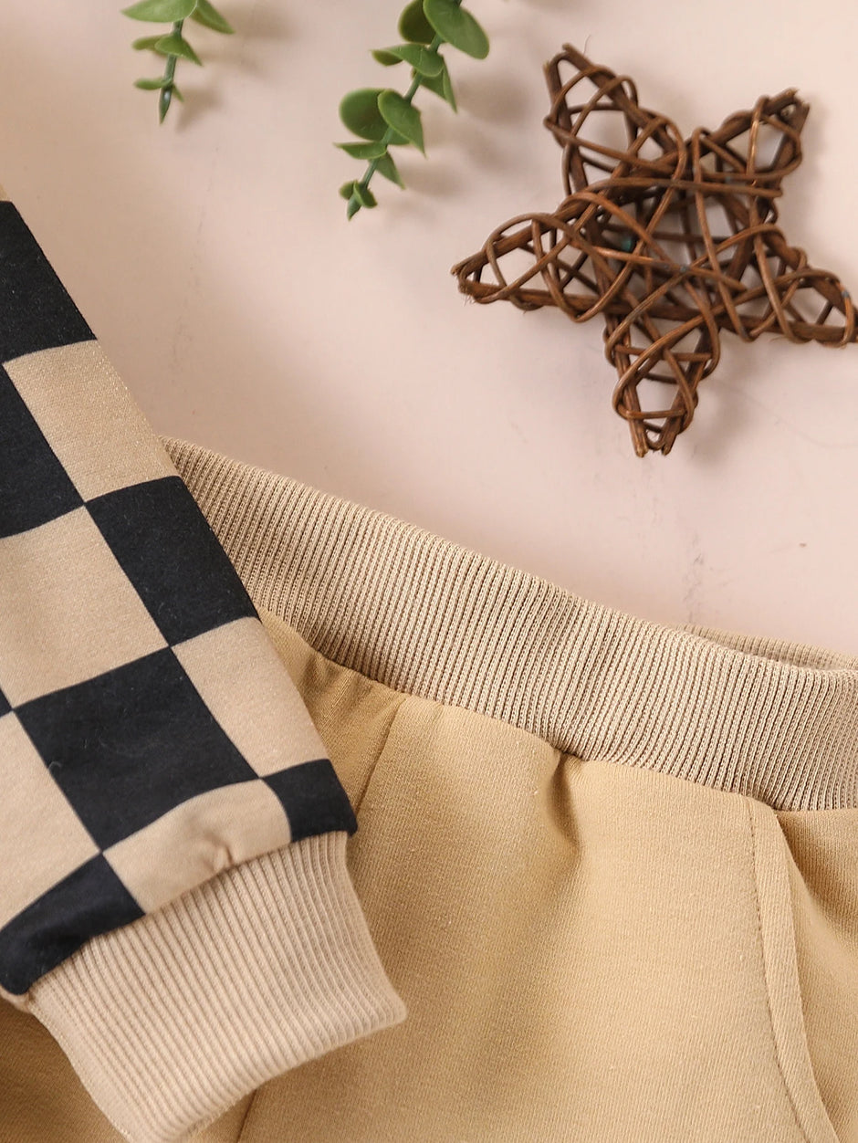 2-piece set of fashionable and casual round neck patchwork plaid long sleeved hoodie and pants for baby boys, autumn and winter