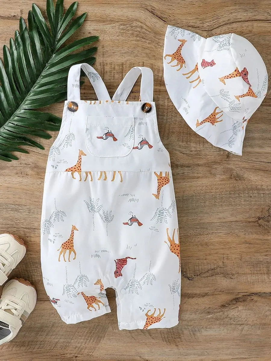 2Pcs Baby Boys Summer Sleeveles Jumpsuit Cartoon Animal For 1-3Y Bobysuit Clothing Casual Fashion overalls Clothes +Hat