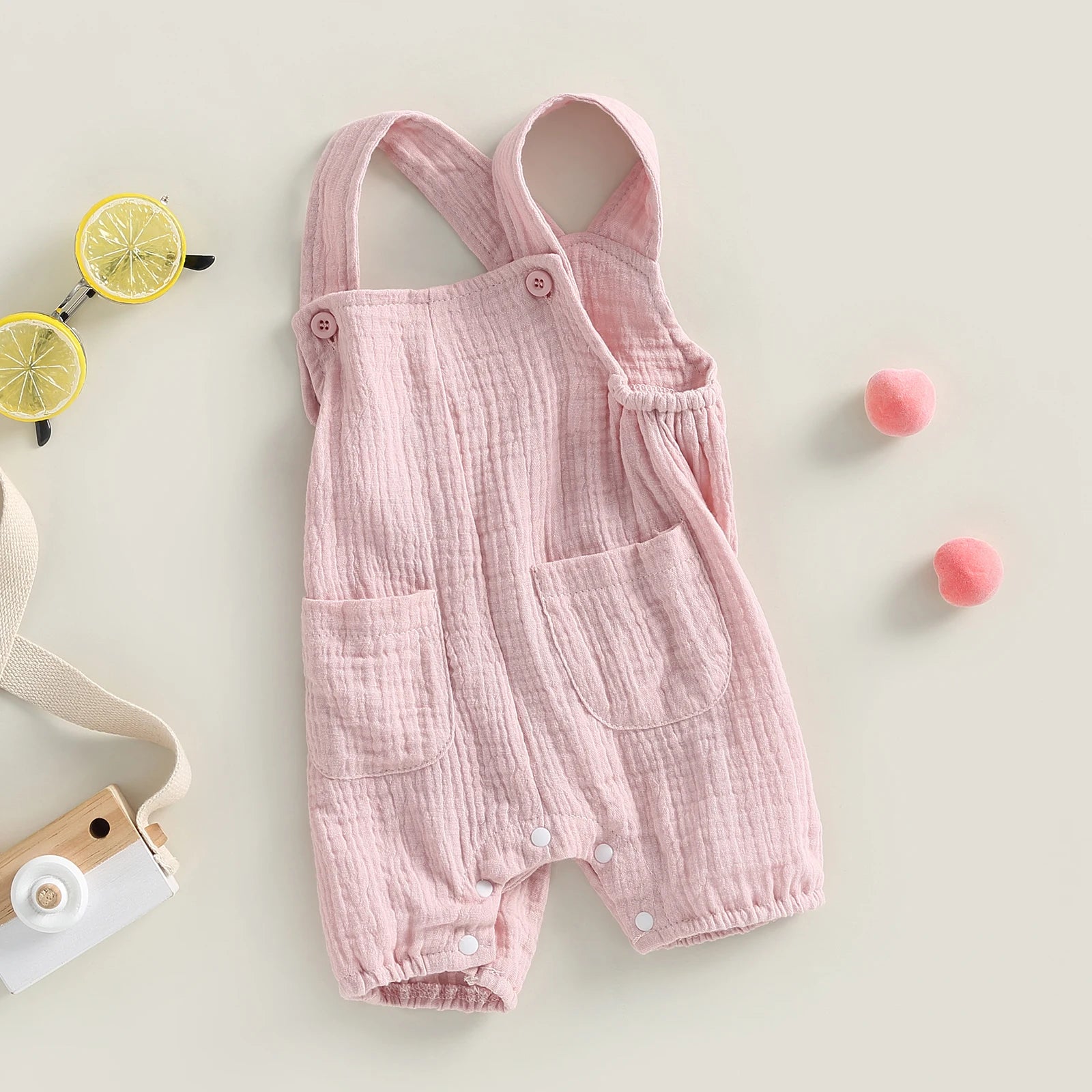 pudcoco Baby Summer Suspenders Jumpsuit Solid Color Sleeveless Romper with Pockets for Newborn Infant Boy Girls
