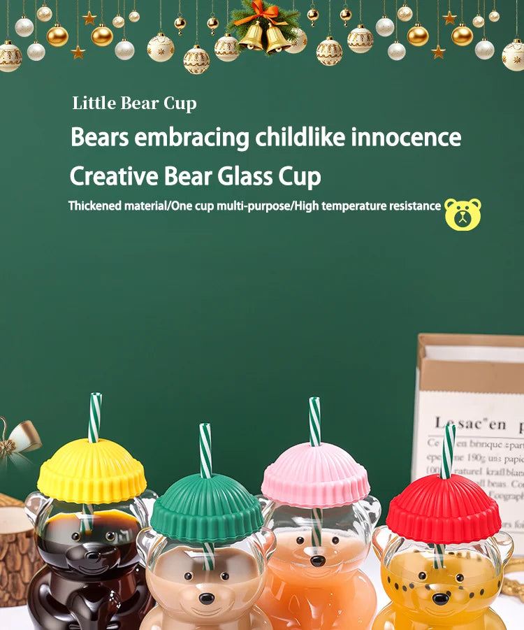 New glass bear cup with straw and lid, 20 oz high borosilicate glass, suitable for all beverages, can be used in microwave oven