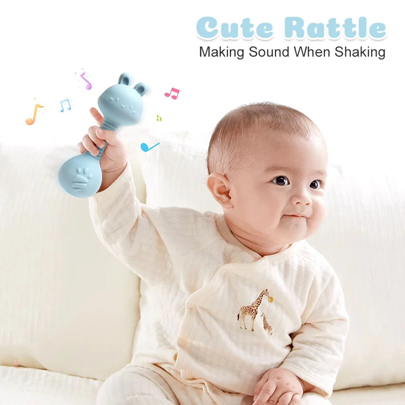Food-Grade Baby Bunny Silicone Rattle Teether – Dumbbell Shape for Easy Grip, Handheld Toy for Infants