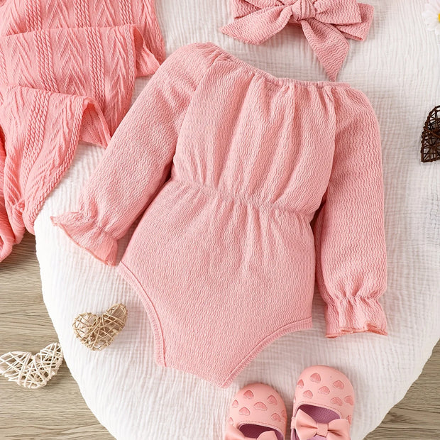 2pieces-Baby  Spring and Autumn Cute Fashion Sweet Foreign Style Bow Pink Long Sleeve Onesie + Kerchief Baby Two-piece Set