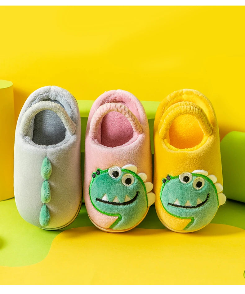 Boys Girls Winter Home Cotton Shoes Cartoon Dinosaur Embroidery Plush Slippers Back Wrap Soft Sole Non-slip Indoor Warm Shoes