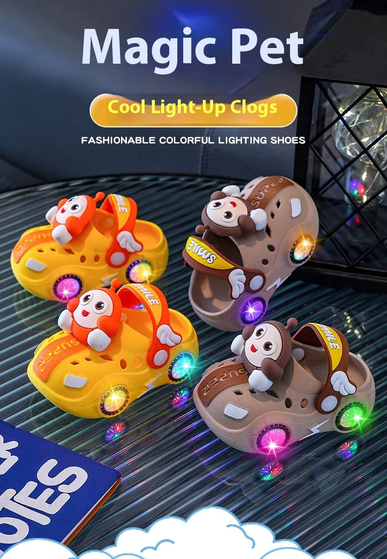 Children's Flashing Light Hole Shoes, Anti Slip Soft Soled Toe Cap Slippers, Cartoon Car Illuminated Slippers for Boys and Girls