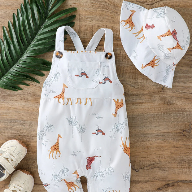 2Pcs Baby Boys Summer Sleeveles Jumpsuit Cartoon Animal For 1-3Y Bobysuit Clothing Casual Fashion overalls Clothes +Hat