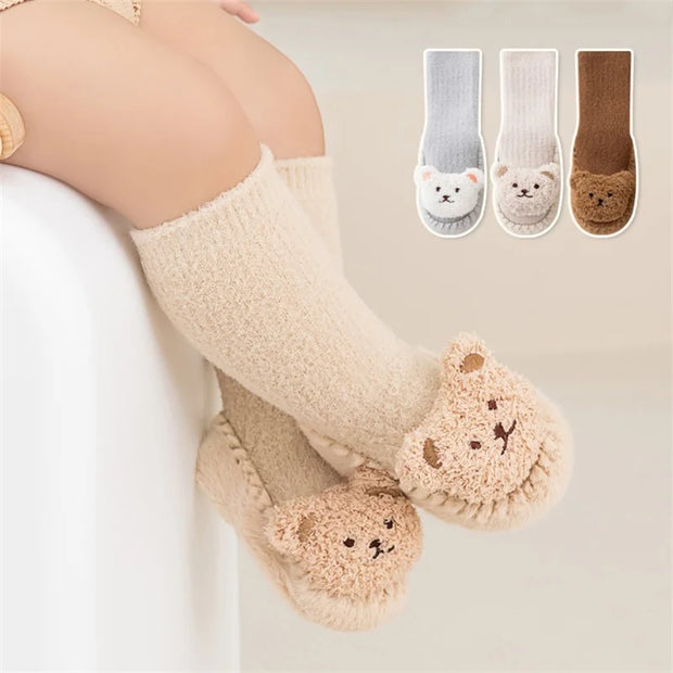 Baby Socks For Girls Boys Shoes Velvet Winter Thicken Warm Cartoon Bear Newborn Floor Sock Non Slip Soft Toddler First Walker