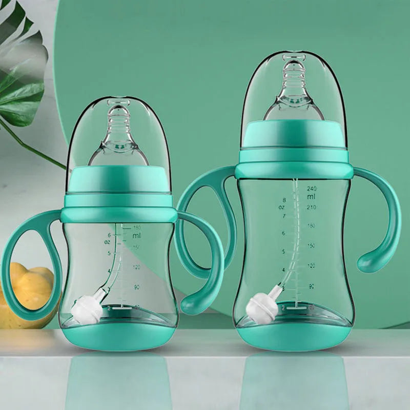 Baby Silicone Feeding Bottles Infant Drop-proof Milk Bottle with Straw Child Anti-hot Handle Drinking Bottle Baby Milk Feeding