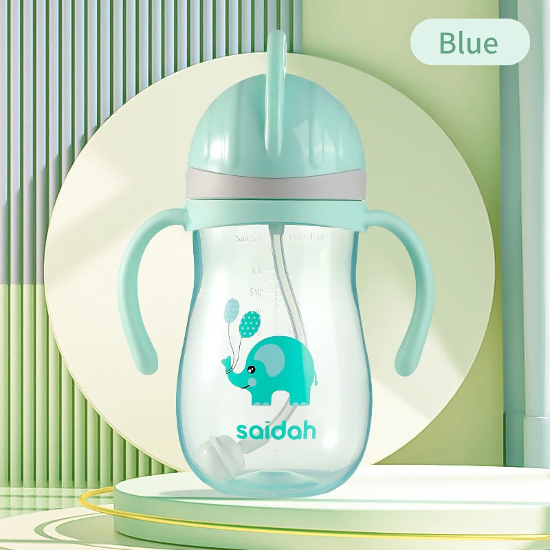 350ml V Shape Straw Sippy Cup Infant Baby Slide Lid Training Drinking Water Bottle Cups Cartoon Style Pattern Design