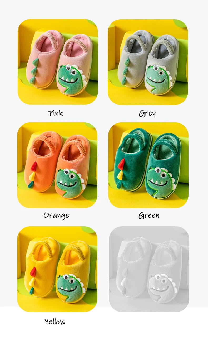 Boys Girls Winter Home Cotton Shoes Cartoon Dinosaur Embroidery Plush Slippers Back Wrap Soft Sole Non-slip Indoor Warm Shoes