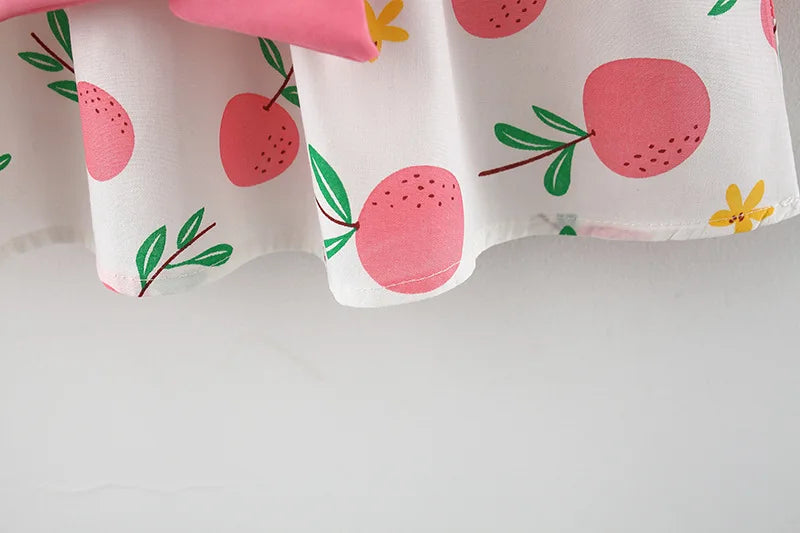 2 PcsSummer New Full of Fruit Print Big Bow Cotton Skirt Girl's Cotton Skirt Free Straw Hat