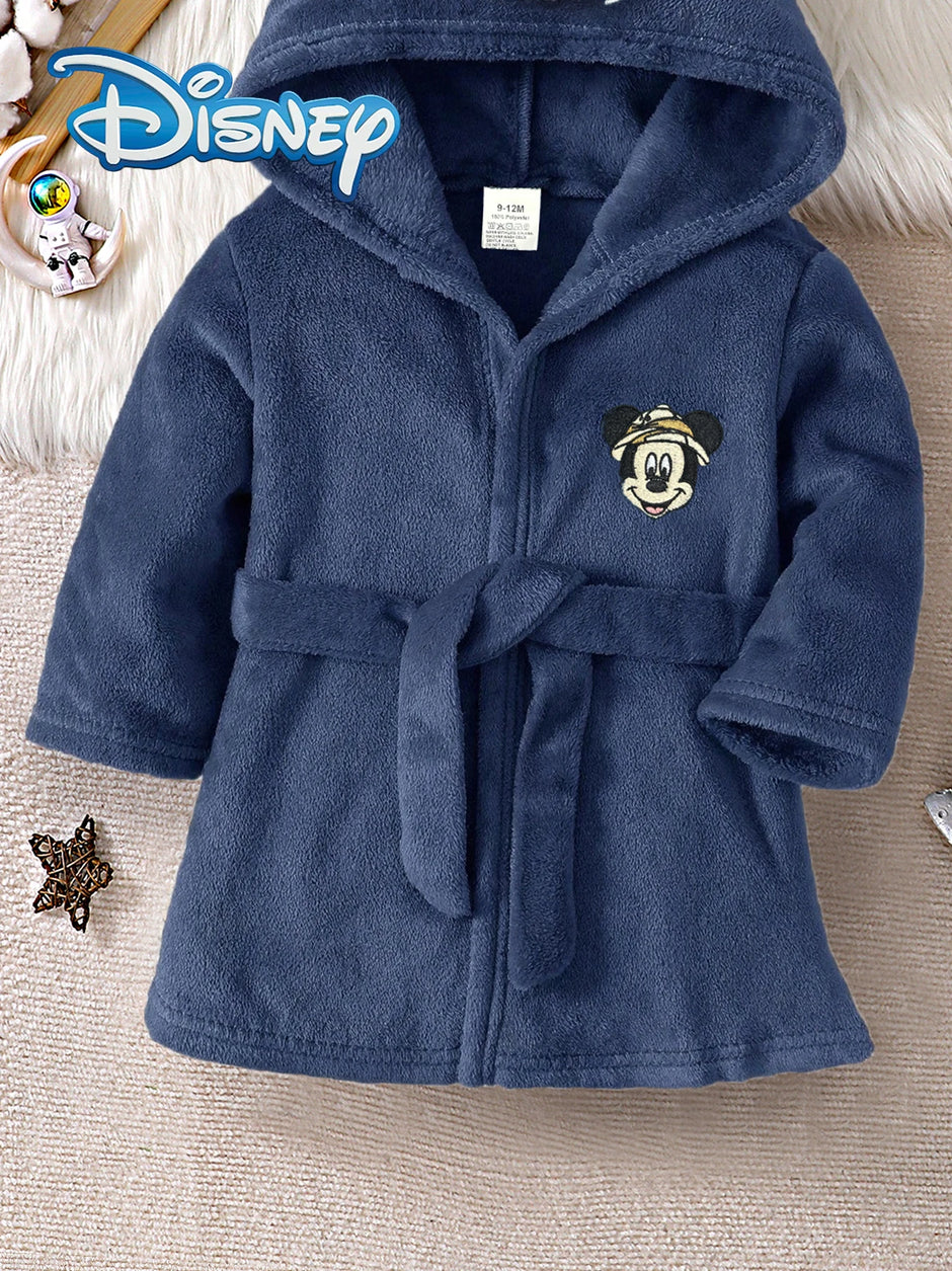 【Officially Licensed】Disney Mickey Mouse Spring and Autumn Style Baby Boy Home Robe Cute Cartoon Mickey Mouse Head Print Belted Hooded Robe Children's Daily Casual Skin-Friendly Soft Warm Comfortable Children's Clothing B