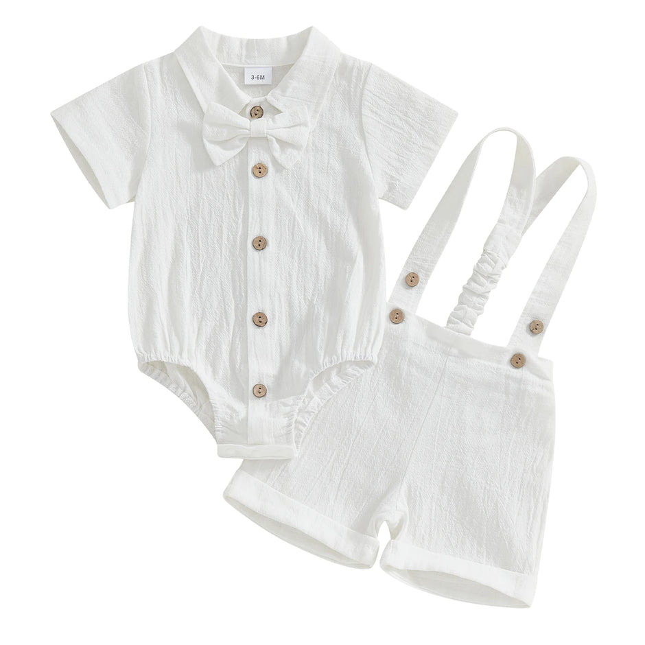 Fashion Summer Baby Boy Clothes Toddler Gentleman Outfits Short Sleeves Romper with Bow Tie Overalls Shorts Set for Formal Wear