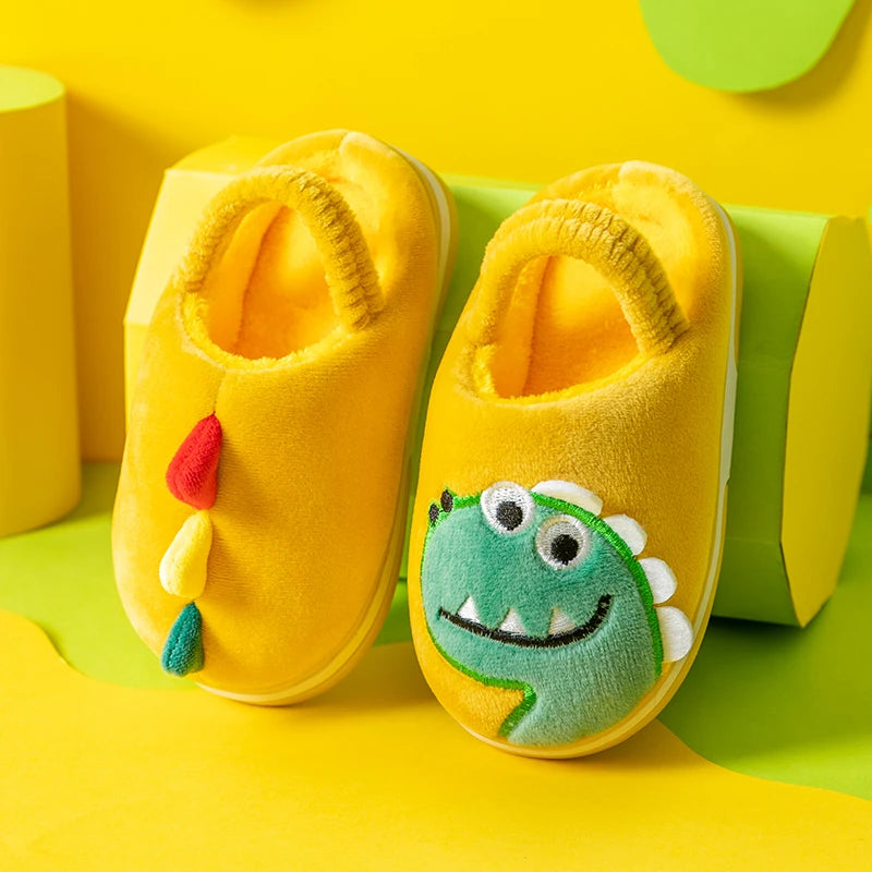 Boys Girls Winter Home Cotton Shoes Cartoon Dinosaur Embroidery Plush Slippers Back Wrap Soft Sole Non-slip Indoor Warm Shoes