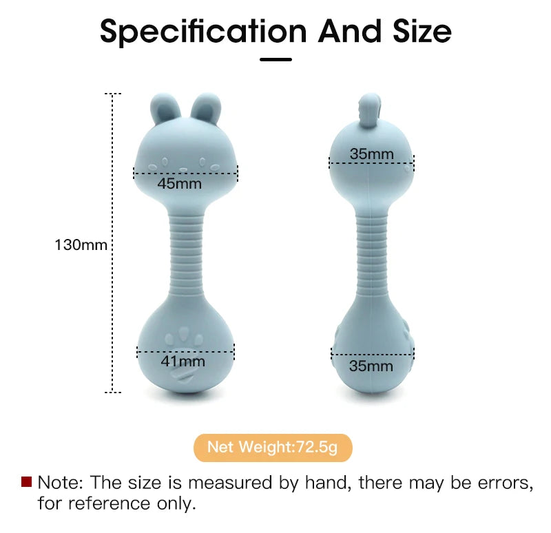 Food-Grade Baby Bunny Silicone Rattle Teether – Dumbbell Shape for Easy Grip, Handheld Toy for Infants