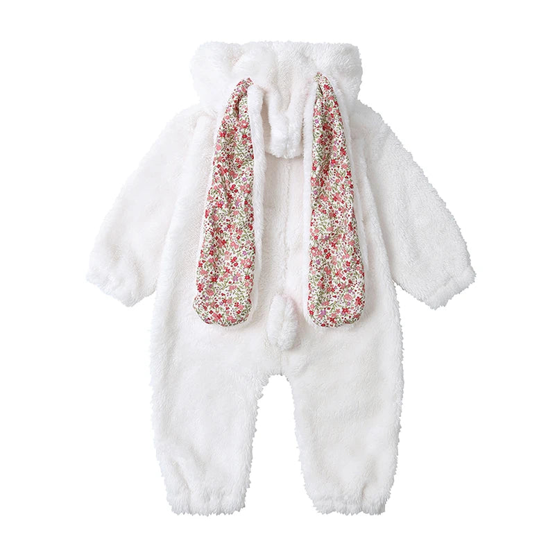 Baby Plush Rompers Winter Toddler Warm Polar Fleece Outfits Newborn Long Sleeve Bunny Ear Hooded Zipper Closure Jumpsuits