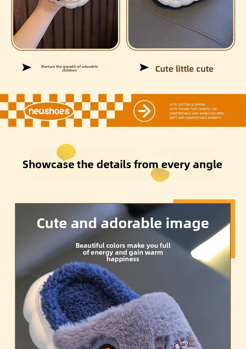 Winter children's cotton slippers for boys and girls, anti slip and warm bags, and parent-child fuzzy and plush home baby cotton