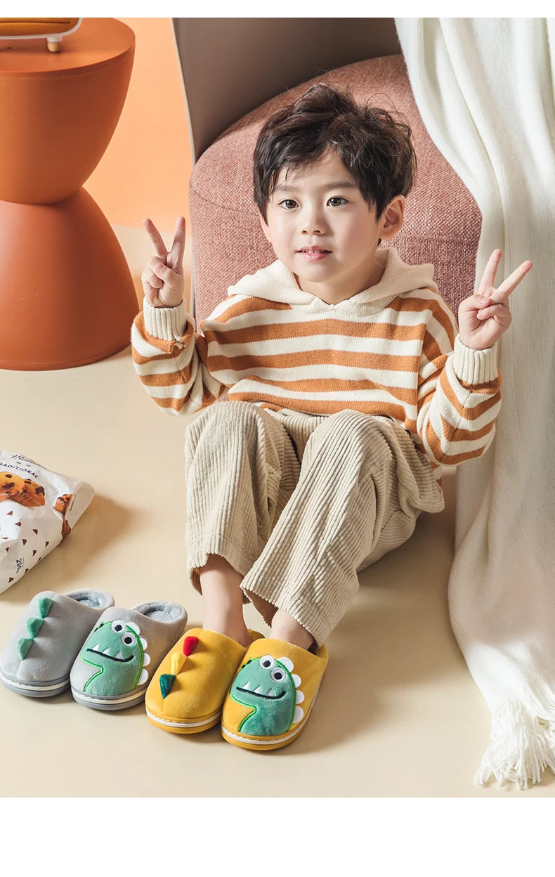 Boys Girls Winter Home Cotton Shoes Cartoon Dinosaur Embroidery Plush Slippers Back Wrap Soft Sole Non-slip Indoor Warm Shoes