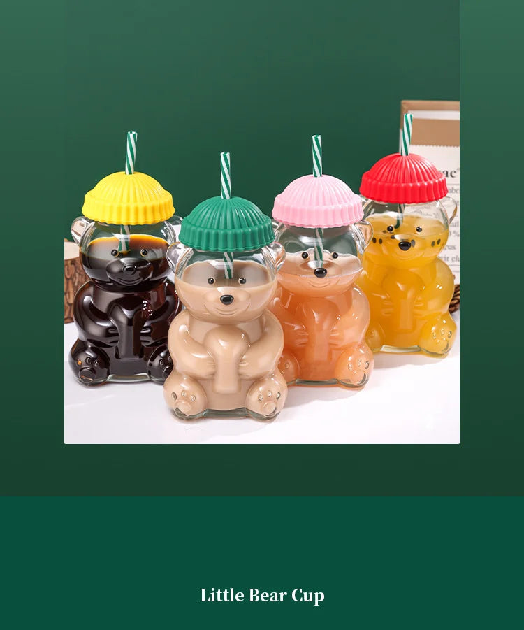 New glass bear cup with straw and lid, 20 oz high borosilicate glass, suitable for all beverages, can be used in microwave oven