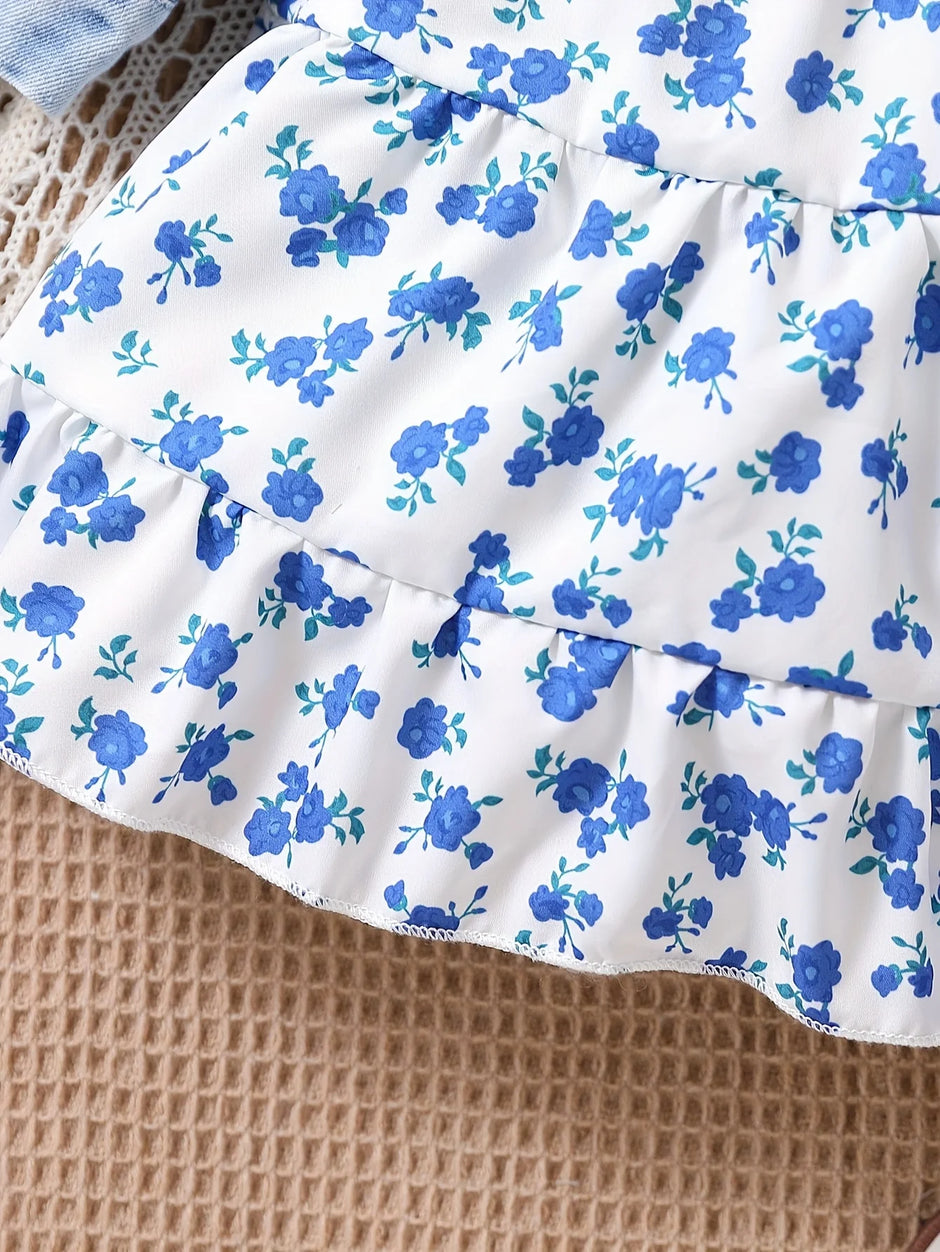3pieces Four Seasons Leisure Travel Vacation Comfortable Denim Long Sleeve + Floral Dress Set With Halter Sweet Fashion