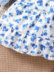 3pieces Four Seasons Leisure Travel Vacation Comfortable Denim Long Sleeve + Floral Dress Set With Halter Sweet Fashion