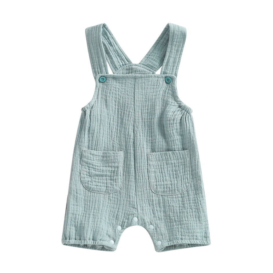 pudcoco Baby Summer Suspenders Jumpsuit Solid Color Sleeveless Romper with Pockets for Newborn Infant Boy Girls